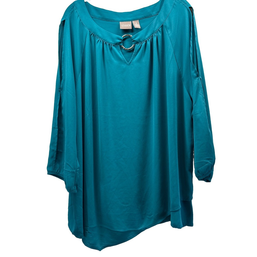 Chicos Women's Top Size XL Blue Asymmetrical Hemline Metal Slit 3/4 Sleeve Tunic